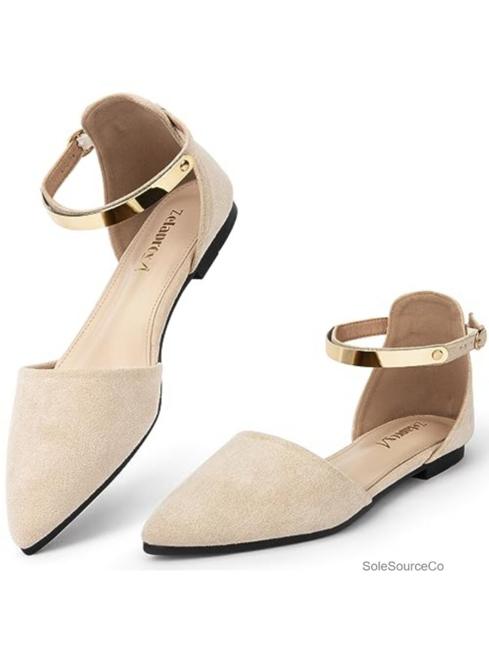 Zelaprox Women's Black Pointed Toe Flats, Faux Suede with Gold Ankle Strap